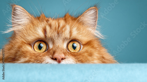 Fluffy Ginger Cat Peeking Over Edge with Curious Eyes Against Blue Background