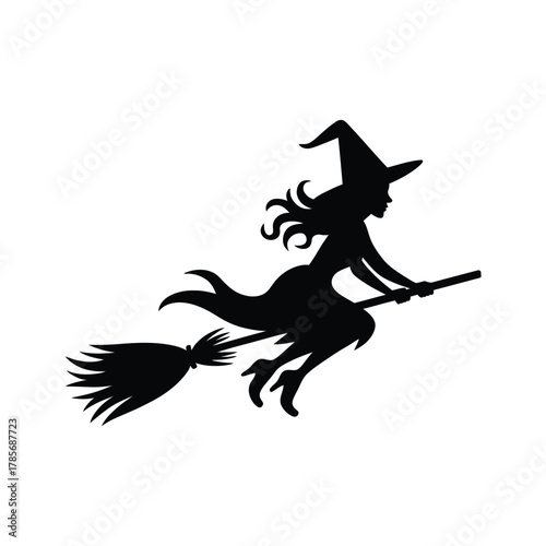 Silhouette of a witch flying on a broomstick against a white background