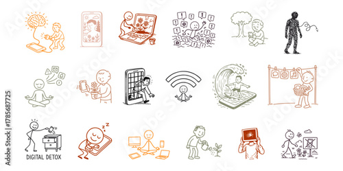 Cartoon color illustrations exploring digital life, detox, and human connection, set of vector, tracing