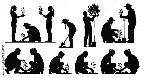 Planting trees silhouette vector art for environmental awareness