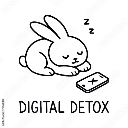 Cartoon rabbit sleeping beside smartphone with “Digital Detox” text in black and white line style, vector, tracing
