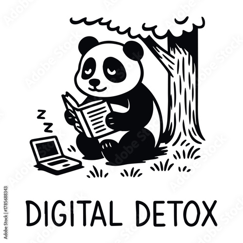Cartoon panda reading under tree beside sleeping laptop with “Digital Detox” text in black and white line style, vector, tracing