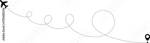 Airplane Route Icon. Travel symbol. Airplane Line Path Icon Set of Air Plane Flight Route.