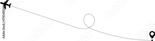 Airplane Route Icon. Travel symbol. Airplane Line Path Icon Set of Air Plane Flight Route.