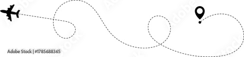 Airplane Route Icon. Travel symbol. Airplane Line Path Icon Set of Air Plane Flight Route.