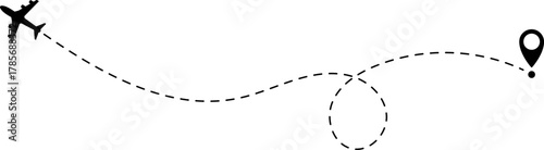 Airplane Route Icon. Travel symbol. Airplane Line Path Icon Set of Air Plane Flight Route.
