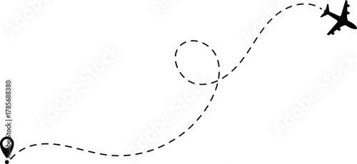Airplane Route Icon. Travel symbol. Airplane Line Path Icon Set of Air Plane Flight Route.