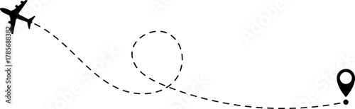 Airplane Route Icon. Travel symbol. Airplane Line Path Icon Set of Air Plane Flight Route.