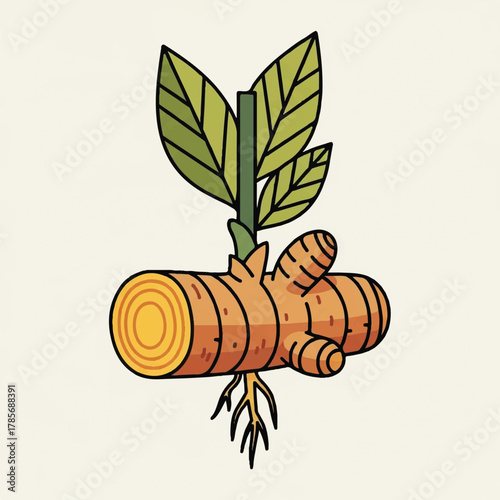 Cartoon drawing of a turmeric root with leaves and roots