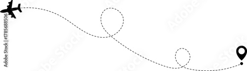 Airplane Route Icon. Travel symbol. Airplane Line Path Icon Set of Air Plane Flight Route.