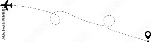 Airplane Route Icon. Travel symbol. Airplane Line Path Icon Set of Air Plane Flight Route.