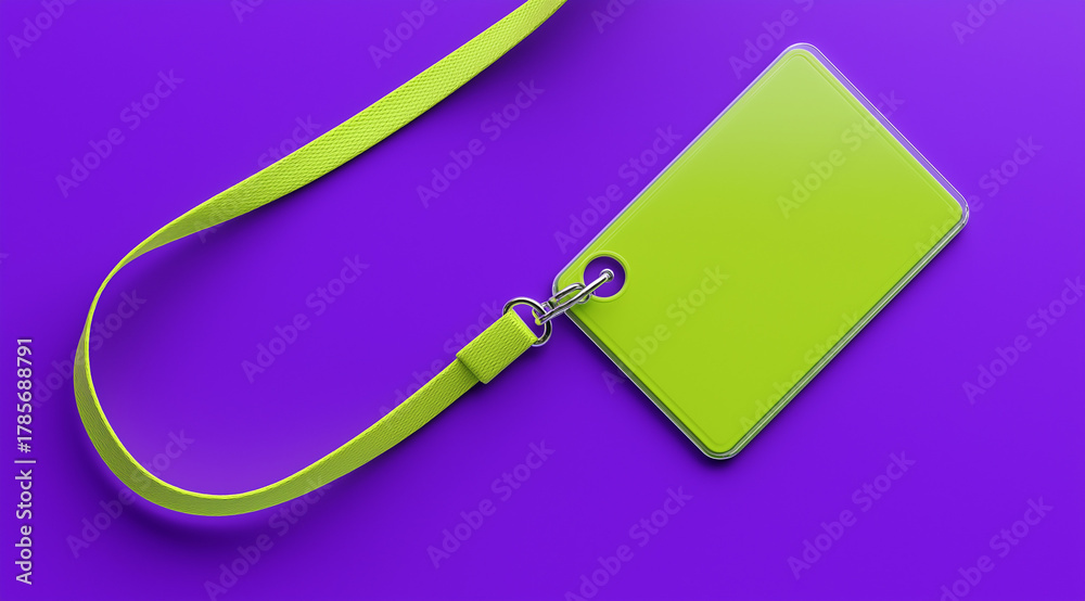 Fototapeta premium a clear id card with lime yellow paper on the front, a lanyard attached to it and placed against a light orange background