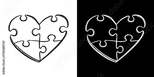 Puzzle heart illustration symbolizing mental health, isolated vector image, two design options on transparent and black background, pencil drawing, chalk drawing
  
