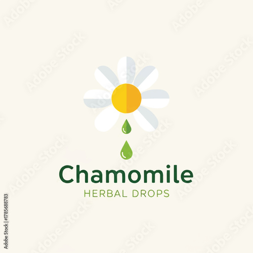 Chamomile flower with two green drops and text