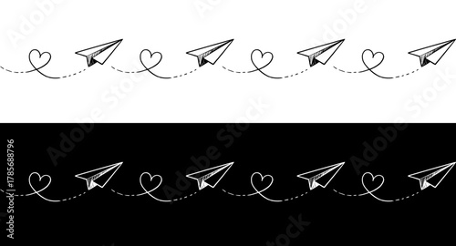 Paper airplanes and hearts flying in a whimsical pattern design, seamless border, isolated vector image, two design options on transparent and black backgrounds, pencil drawing, chalk drawing 
