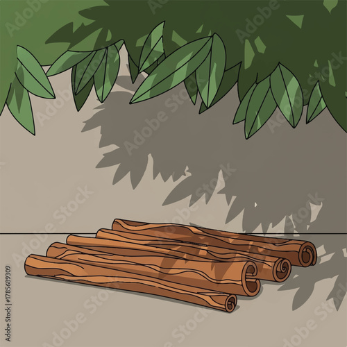 Cinnamon sticks piled on a surface with leafy shadows