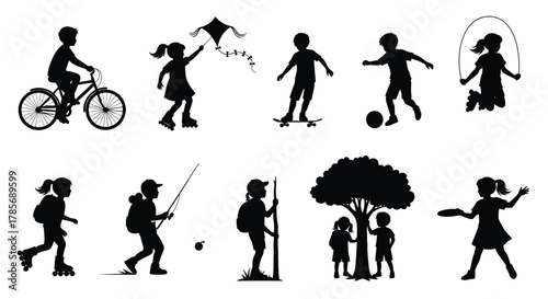 Children silhouettes playing outdoor activities vector graphic