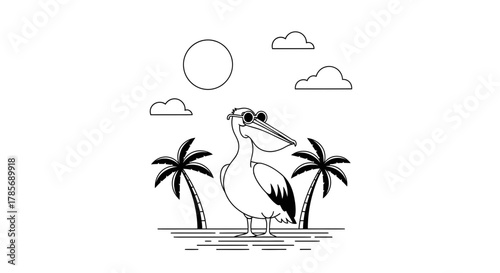 Pelican cartoon illustration with sunglasses and palm trees