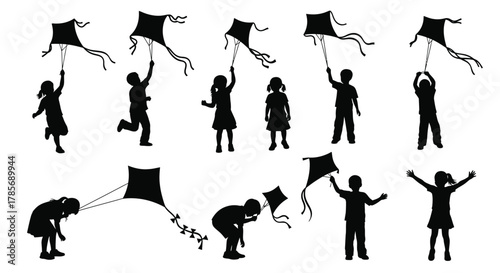 Children silhouettes flying kites outdoor activity vector design