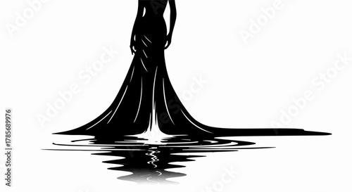 Elegant silhouette of a woman in a flowing gown reflected in water
