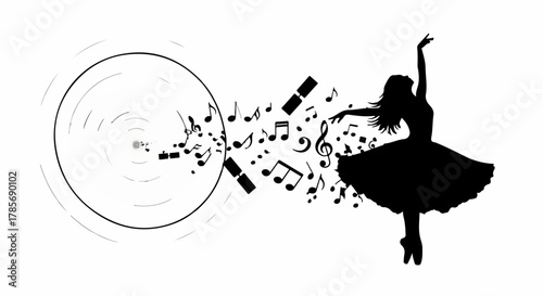 Silhouette of a graceful ballerina dancing with swirling musical notes and a vinyl record
