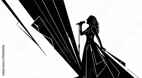 Silhouette of a powerful female singer performing on stage with dramatic abstract background