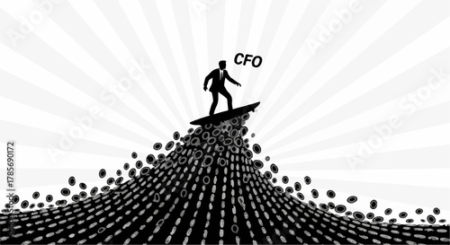 Business leader confidently surfing a wave of digital data towards success