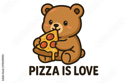 Cute bear character enjoying a slice of pizza in a colorful and playful design expressing love for food