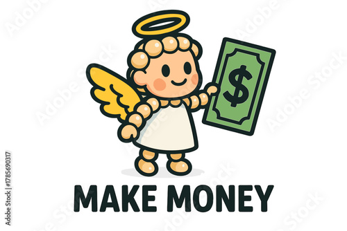 Cartoon angel character holding a dollar bill while promoting wealth and prosperity in a playful design
