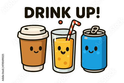 Cute cartoon drinks with happy faces promoting hydration and refreshment for all ages