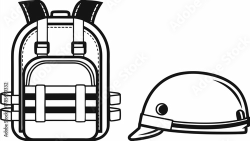 Backpack and helmet ready for adventure, safety first with this essential outdoor gear combination