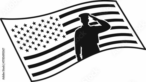 Respectful soldier saluting against a waving American flag symbolizes honor and patriotism