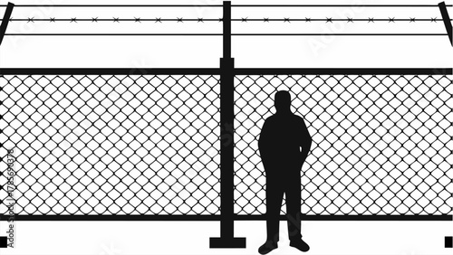 Silhouette of a person stands behind a wire fence with barbed wire, security concept vector art