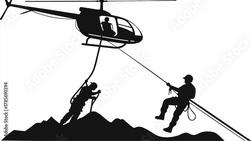 Helicopter rescues climbers in dramatic mountain scene, conveying teamwork and overcoming challenges