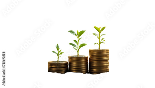 A visual representation of financial growth, showcasing stacks of coins with small plants growing out of them, symbolizing investment and prosperity, isolated on transparent background