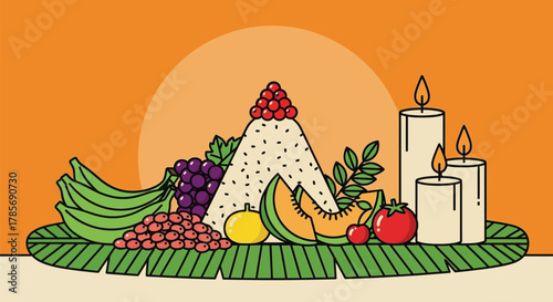 Harvest festival celebration with fruits and candles illustration