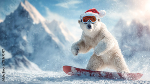 A funny polar bear snowboarder wearing a Santa hat and ski mask. The white bear is snowboarding at a winter resort. Concept of extrime sports, vacation, leisure