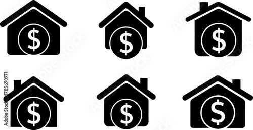 Black house icons with dollar signs, real estate value concept illustration, financial housing market design, vector property investment symbol, economic home graphic
