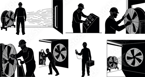 Blower door test silhouette set, building airtightness inspection illustration, energy efficiency assessment concept, vector construction diagnostic scene, black and white graphic