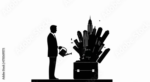 Businessman nurturing a briefcase overflowing with growing city skyscrapers, symbolizing business growth and investment.
