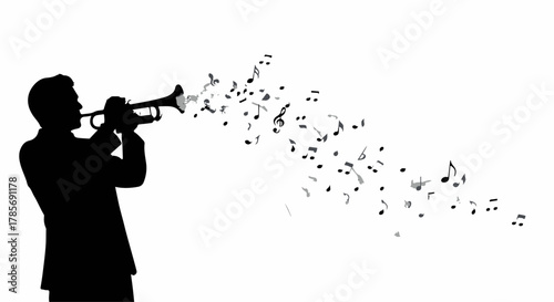 Silhouette of a musician playing a trumpet, with musical notes flowing outwards