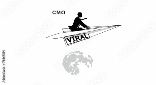 CMO soars on viral marketing paper airplane towards the moon, symbolizing ambitious goals.