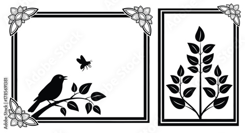 Black and white floral frames with bird and leaves vector art