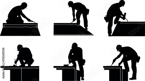 Carpentry worker silhouette set, cartoon person using saw, hammer, and measuring tools illustration, vector construction task concept, black and white graphic