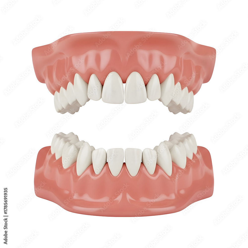 Obraz premium Detailed illustration of human adult teeth arrangement, showing dental anatomy, tooth types, and oral structure for medical and educational use.