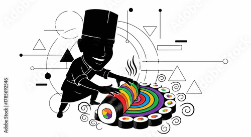 Joyful chef crafts colorful rainbow sushi with artistic flair