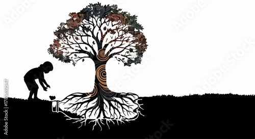 Child nurturing a vibrant tree with deep roots, symbolizing growth and connection to nature