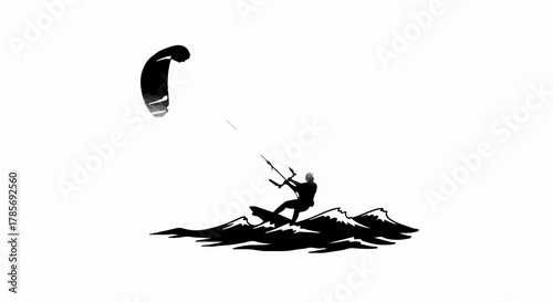 Silhouette of a kite surfer riding waves on a bright, clear day.