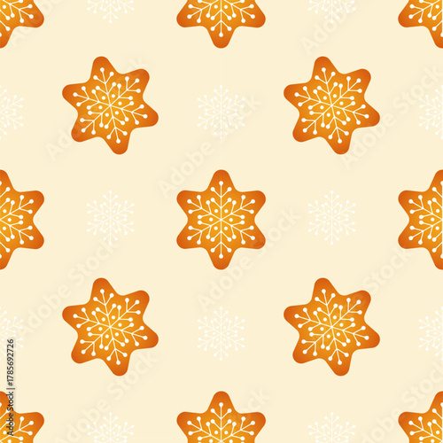 Christmas star shaped cookies with icing, festive treat for New Years and Christmas. Seamless pattern. Vector illustration