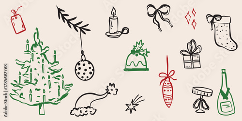 sketchy Holiday christmas new year doodle set in simple line minimalistic style. Christmas tree, branch, toy, bow and food Cale illustration collection. Falling star wish drawing